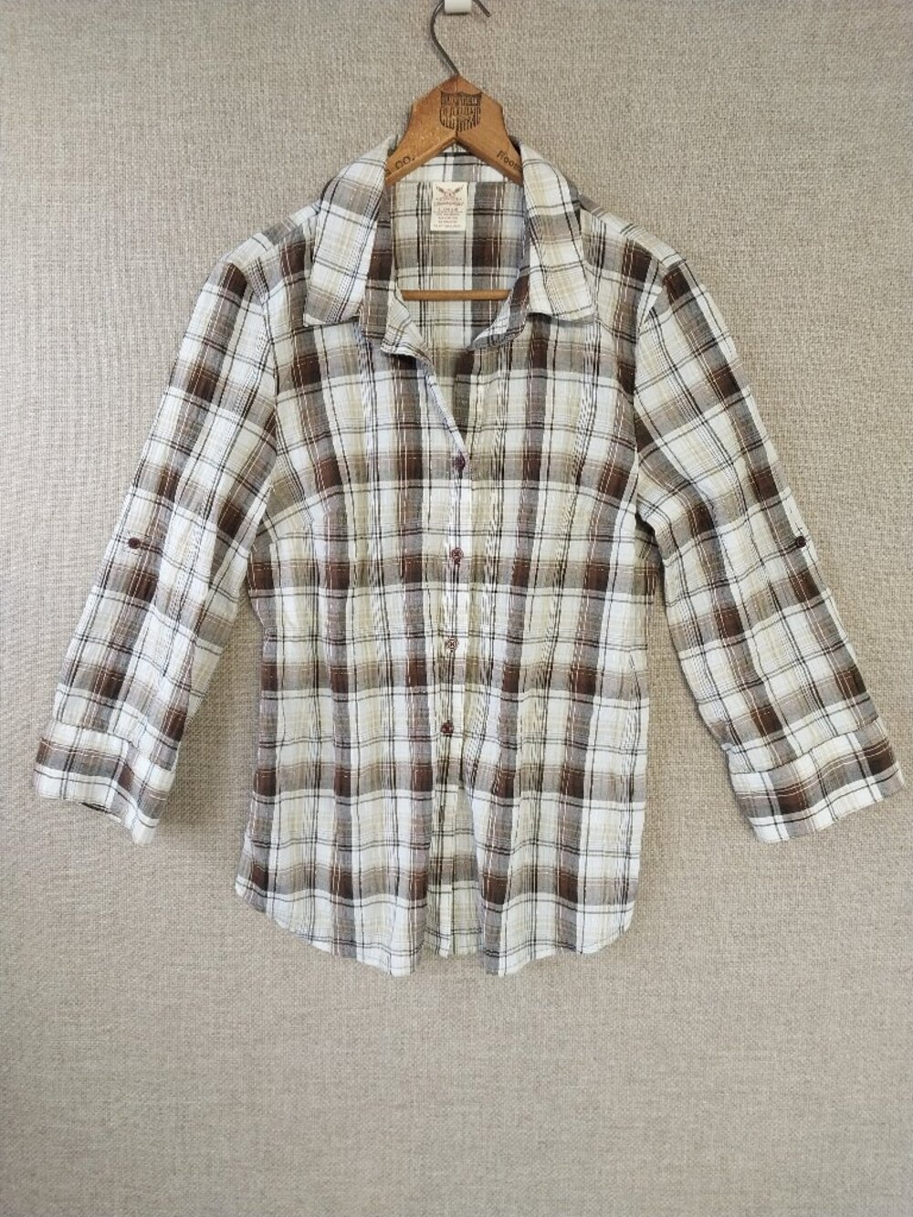 Faded Glory Womens Brown Cream Metalic Gold Plaid 3/4 Sleeve Button Up Top Large